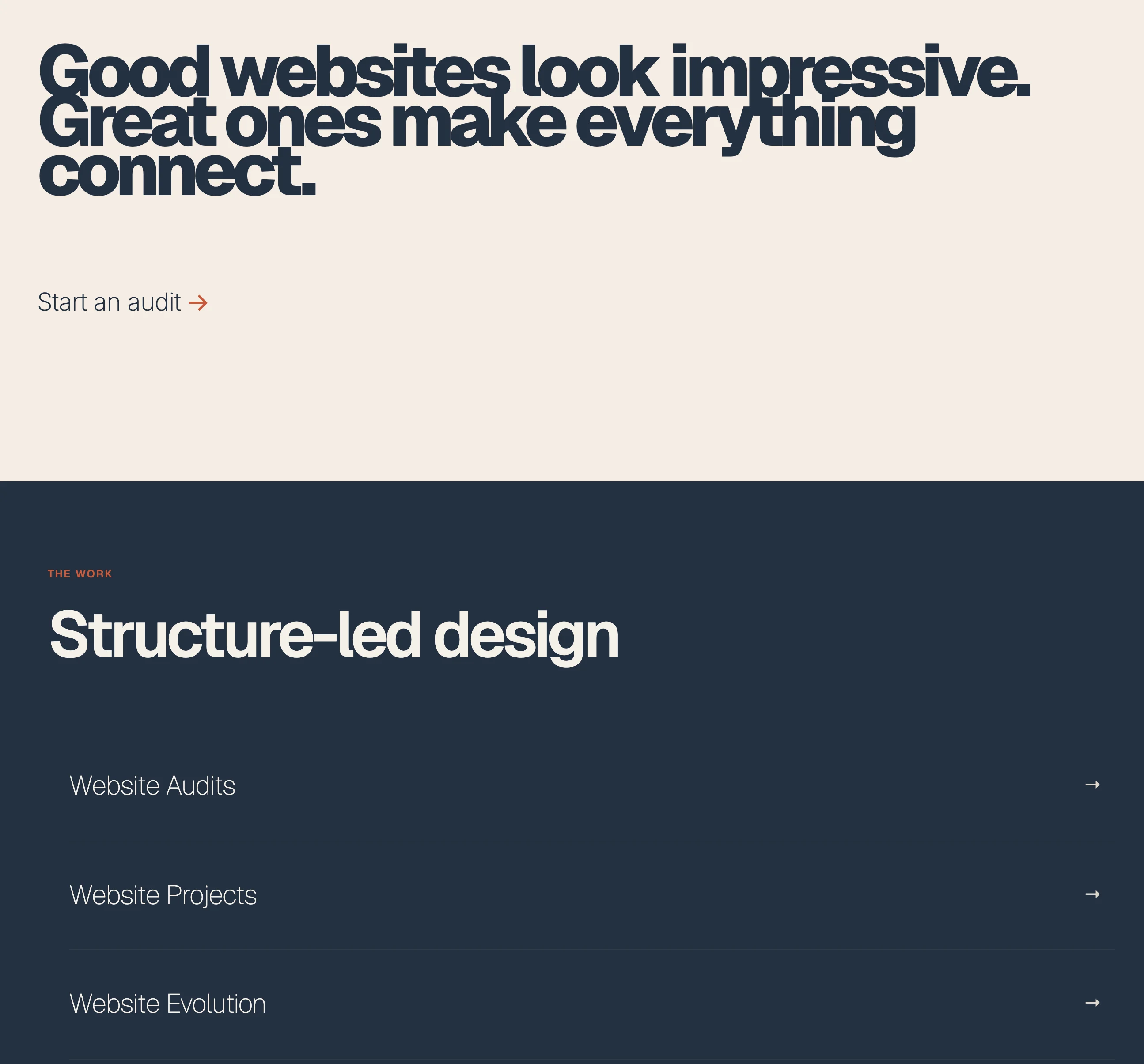 Screenshot of the Hurst Studio homepage: the headline ‘Good websites look impressive. Great ones make everything connect.’, a ‘Start an audit’ link, and the ‘Structure-led design’ section listing Website Audits, Website Projects and Website Evolution