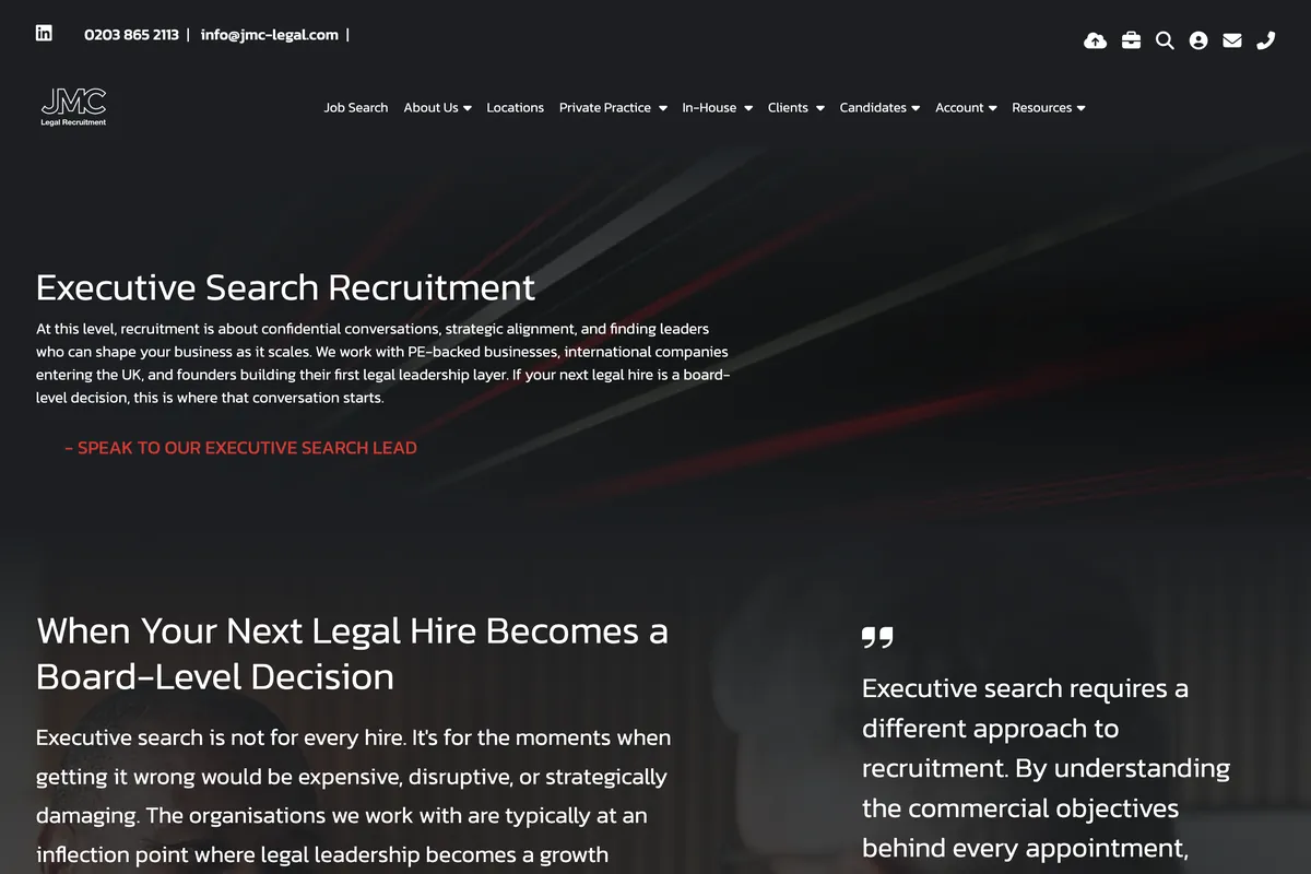 JMC Legal’s executive search recruitment page, opening section