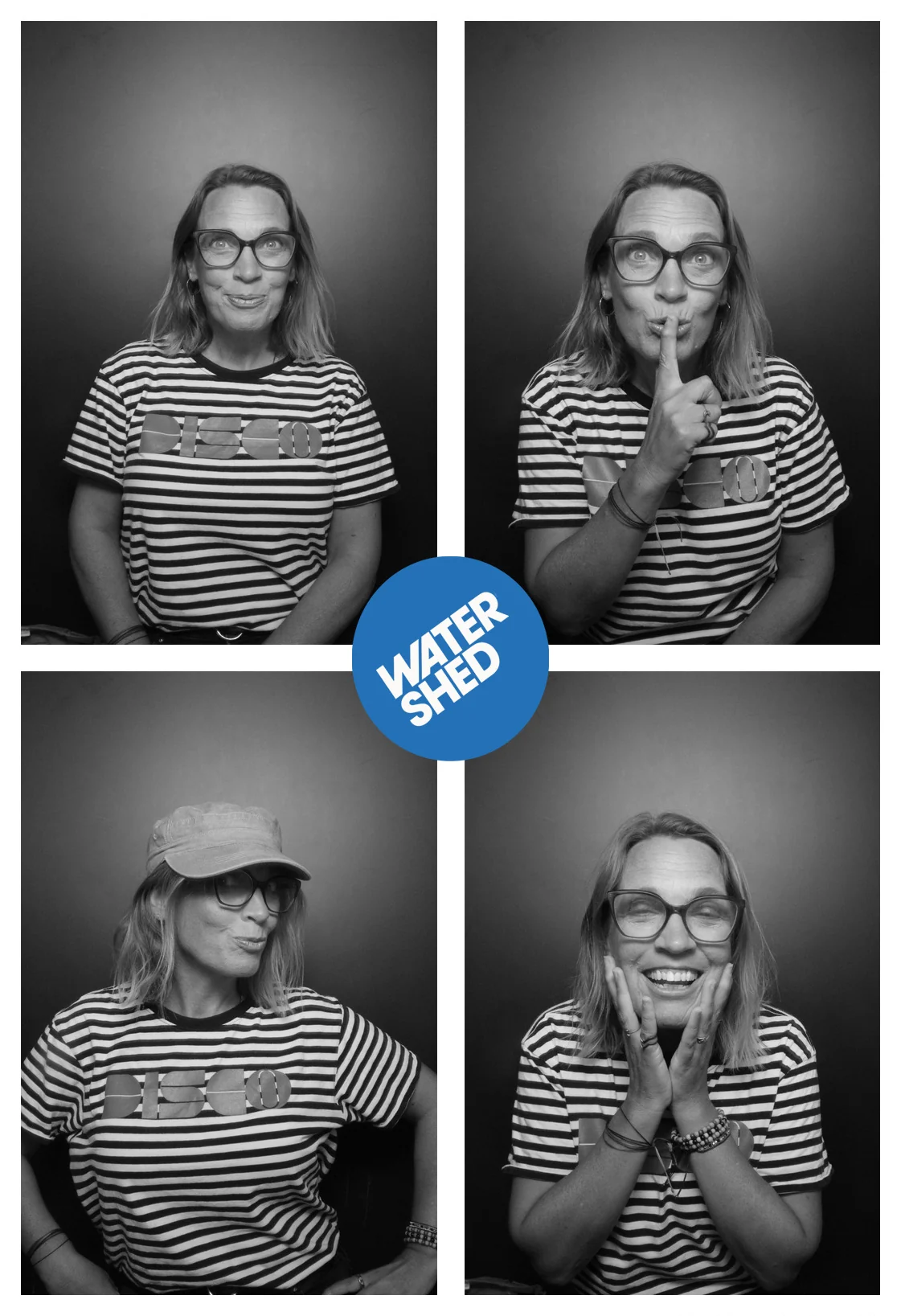 Four black-and-white photobooth portraits of Jo Hurst.
