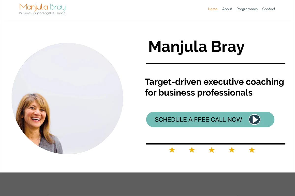 Top of the original Manjula Bray homepage wireframe: header, hero with headline and call-to-action button, and the start of the testimonial band