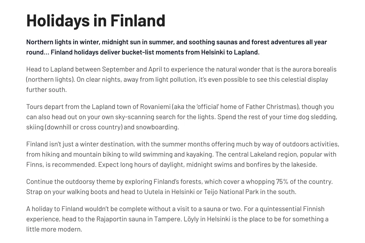 TravelSupermarket’s ‘Holidays in Finland’ copy, opening section