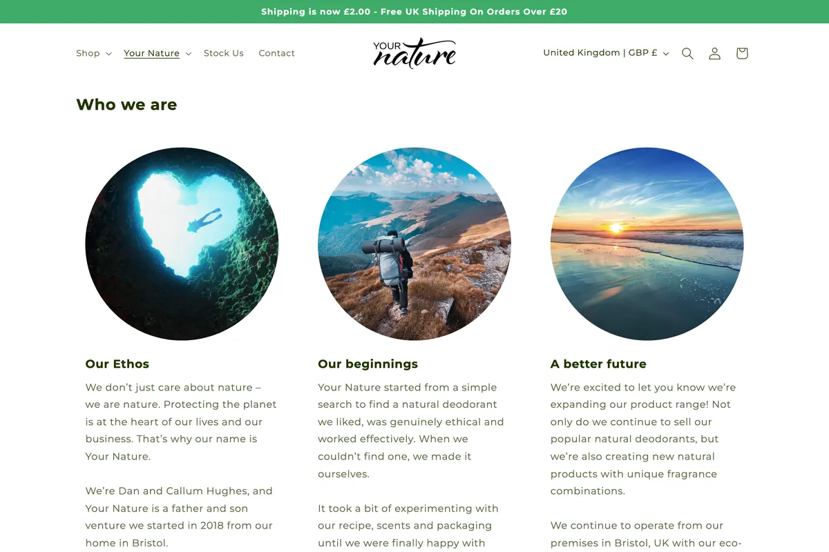 Your Nature’s About page: ‘Who we are’ with Our Ethos, Our beginnings and A better future